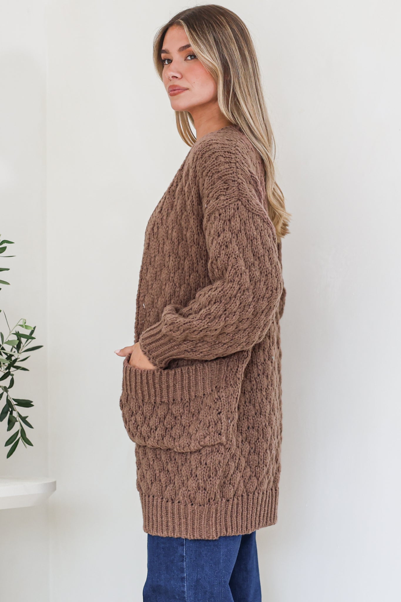 Attlee Cardigan - Chunky Open Cable Knit with Pockets and Rib Knit Trim in Coffee