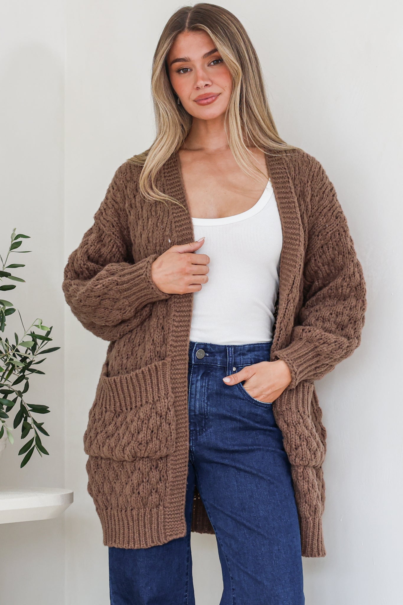 Attlee Cardigan - Chunky Open Cable Knit with Pockets and Rib Knit Trim in Coffee