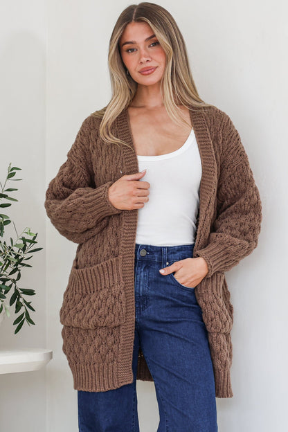 Attlee Cardigan - Chunky Open Cable Knit with Pockets and Rib Knit Trim in Coffee