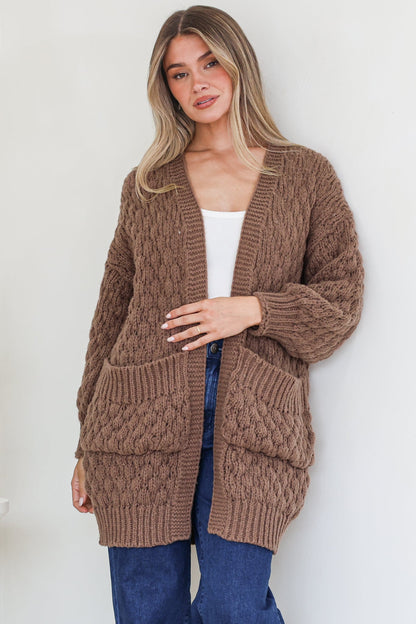 Attlee Cardigan - Chunky Open Cable Knit with Pockets and Rib Knit Trim in Coffee