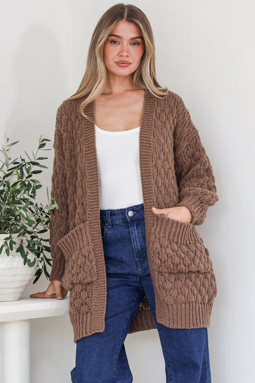 Attlee Cardigan - Chunky Open Cable Knit with Pockets and Rib Knit Trim in Coffee
