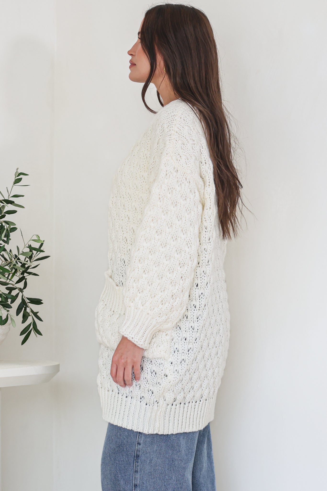 Attlee Cardigan - Chunky Open Cable Knit with Pockets and Rib Knit Trim in Cream