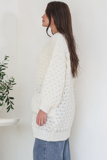 Attlee Cardigan - Chunky Open Cable Knit with Pockets and Rib Knit Trim in Cream