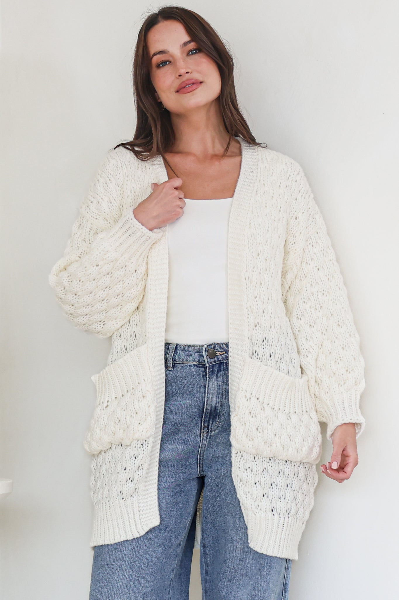 Attlee Cardigan - Chunky Open Cable Knit with Pockets and Rib Knit Trim in Cream