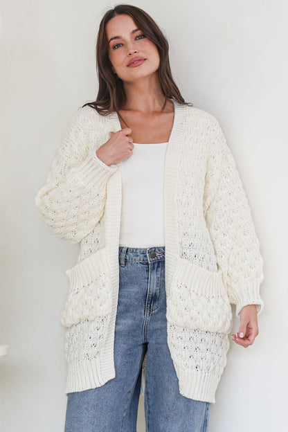 Attlee Cardigan - Chunky Open Cable Knit with Pockets and Rib Knit Trim in Cream
