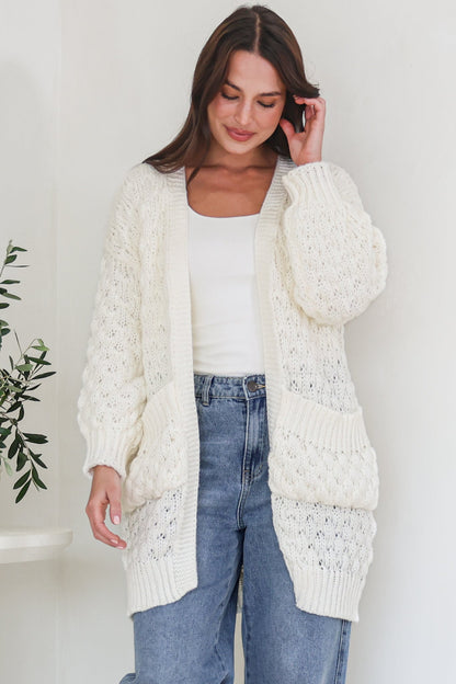 Attlee Cardigan - Chunky Open Cable Knit with Pockets and Rib Knit Trim in Cream
