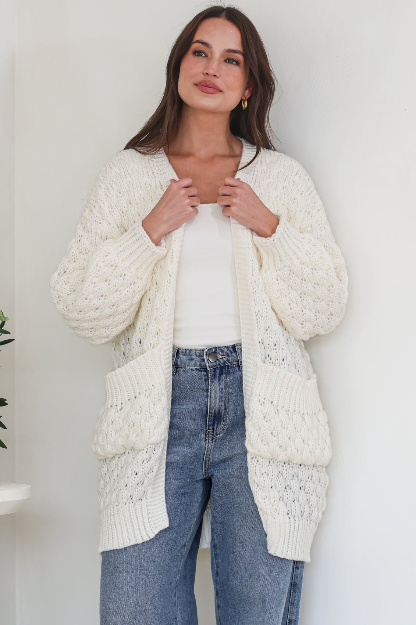 Attlee Cardigan - Chunky Open Cable Knit with Pockets and Rib Knit Trim in Cream