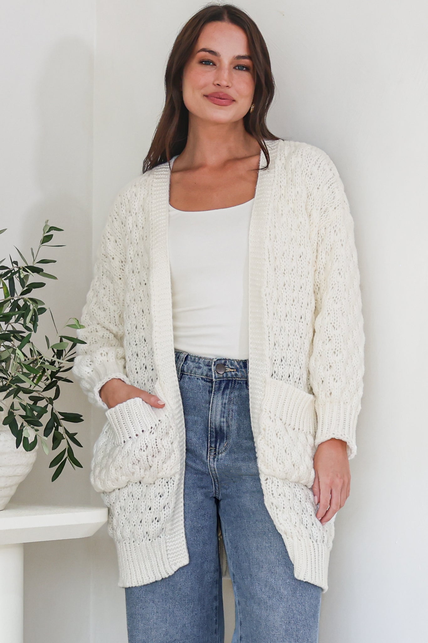 Attlee Cardigan - Chunky Open Cable Knit with Pockets and Rib Knit Trim in Cream