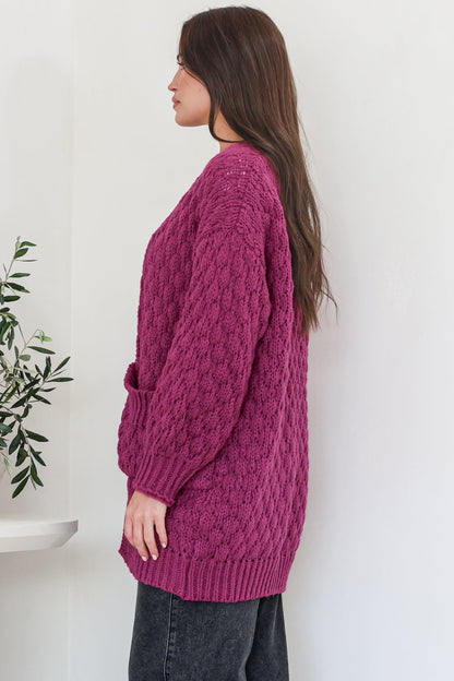 Attlee Cardigan - Chunky Open Cable Knit with Pockets and Rib Knit Trim in Grape