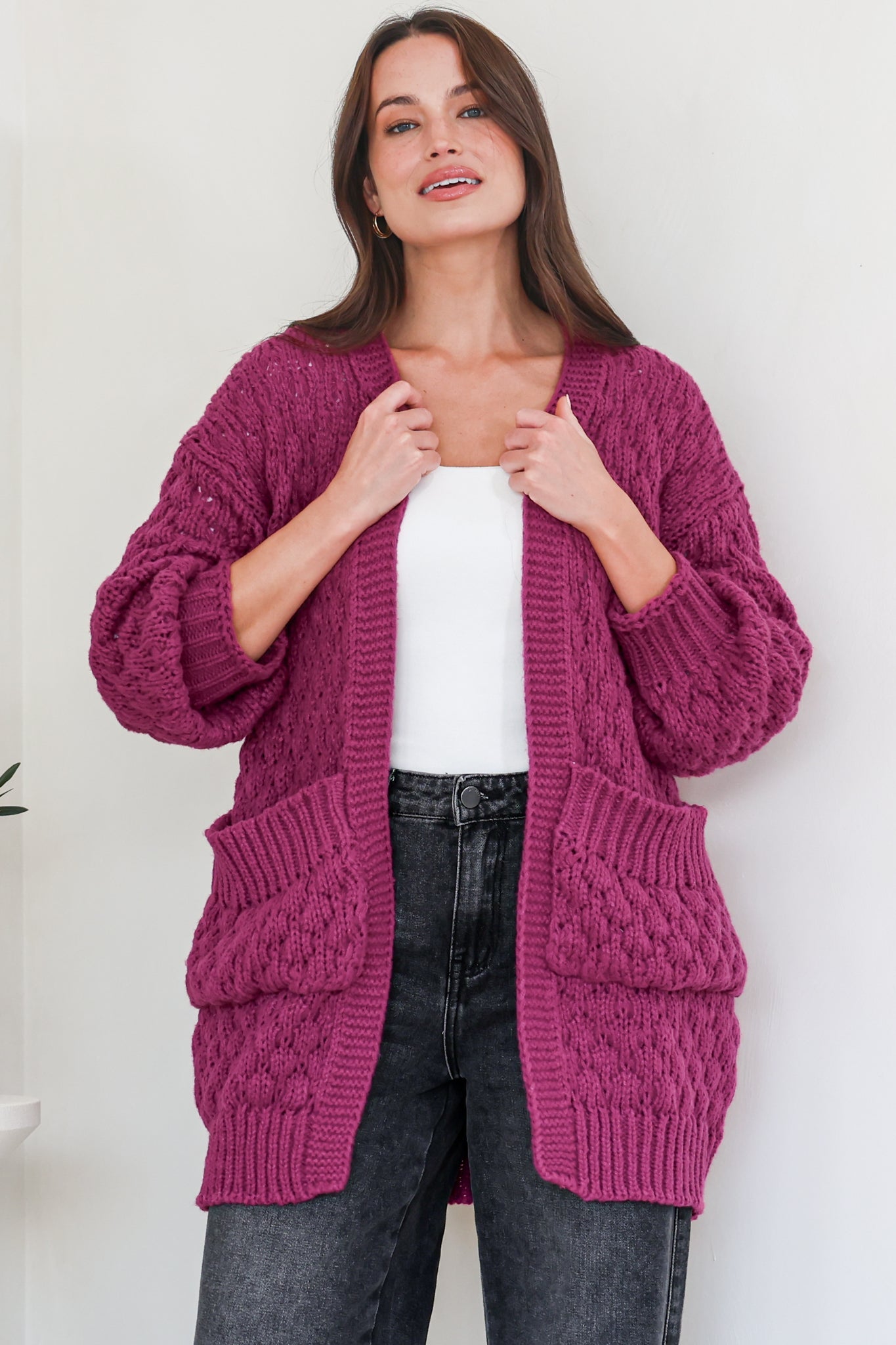 Attlee Cardigan - Chunky Open Cable Knit with Pockets and Rib Knit Trim in Grape