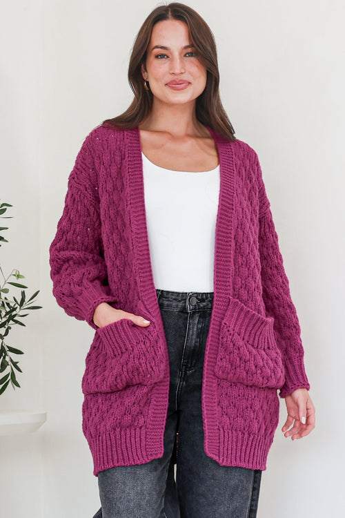 Attlee Cardigan - Chunky Open Cable Knit with Pockets and Rib Knit Trim in Grape