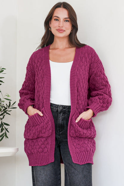 Attlee Cardigan - Chunky Open Cable Knit with Pockets and Rib Knit Trim in Grape