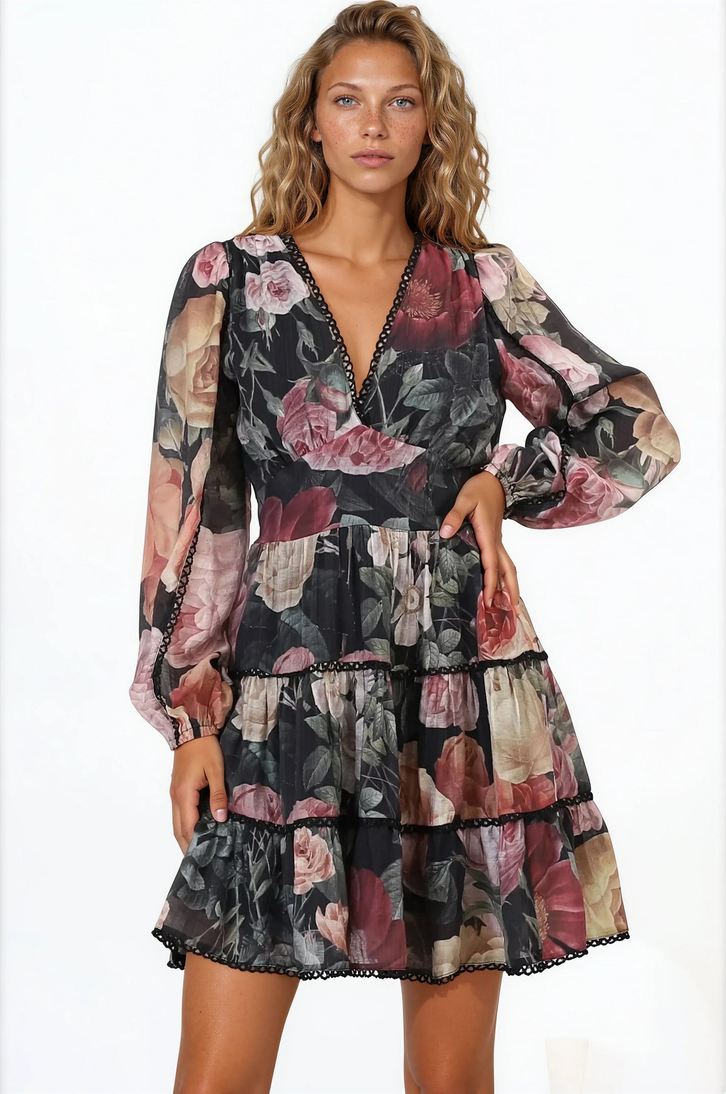 Audrey Mini Dress - Delicately Detailed Tiered A-Line Dress in Bortie Print Black