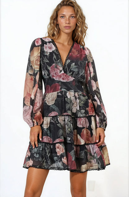 Audrey Mini Dress - Delicately Detailed Tiered A-Line Dress in Bortie Print Black