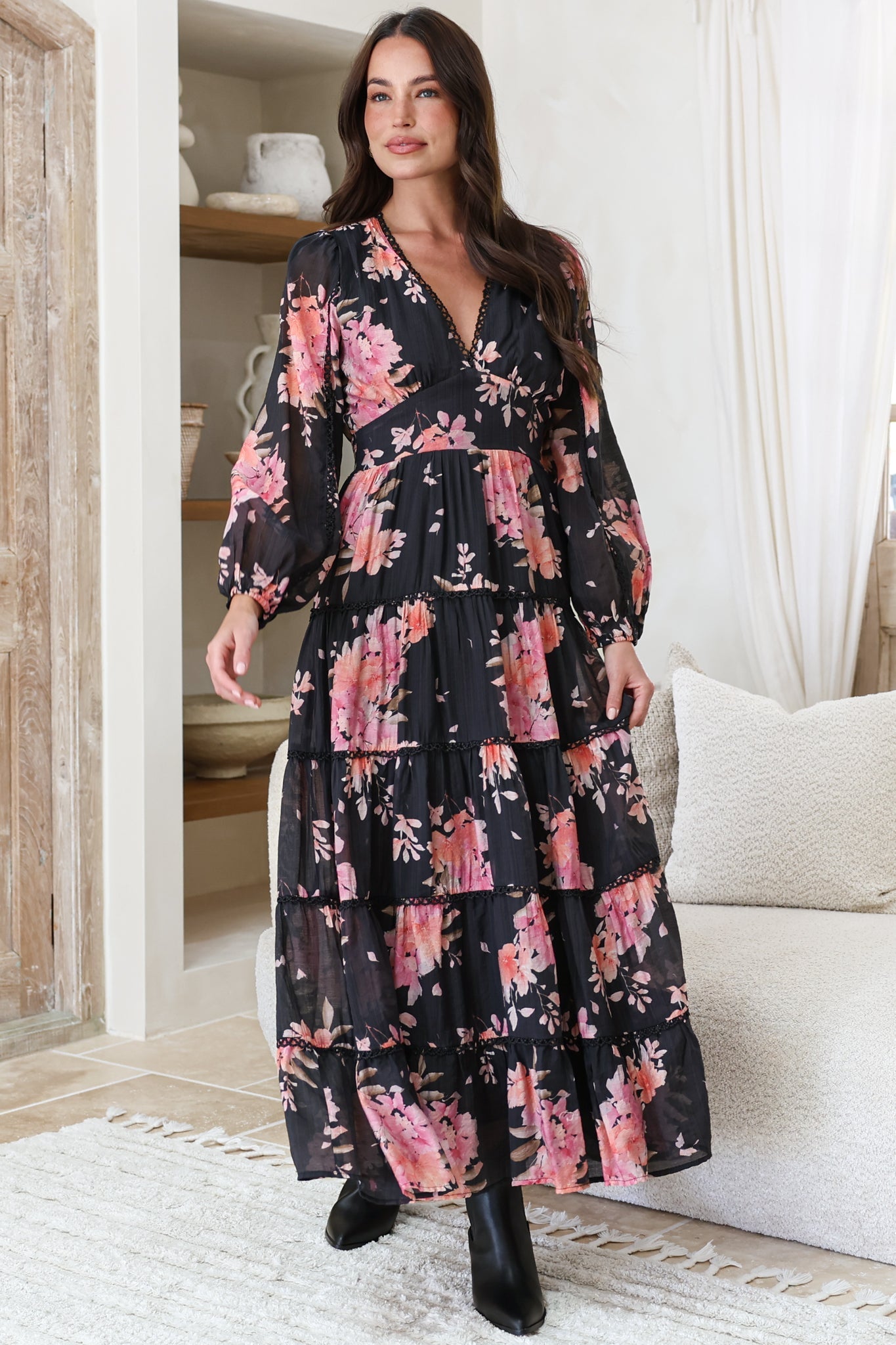 Audrey Maxi Dress - Delicately Detailed Tiered A-Line Dress in Odessa Print