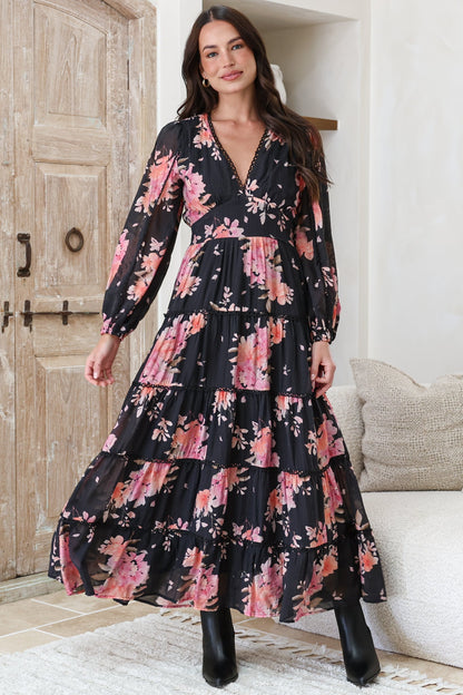 Audrey Maxi Dress - Delicately Detailed Tiered A-Line Dress in Odessa Print