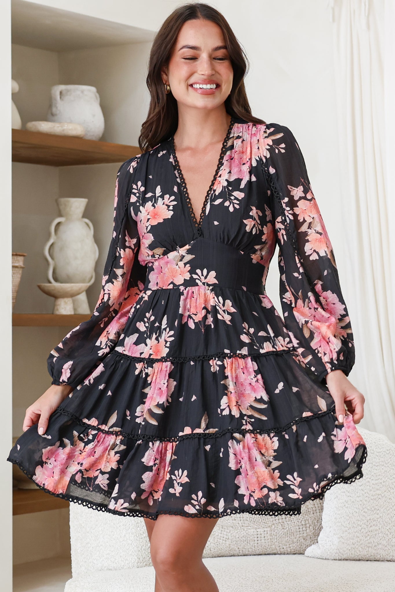 Audrey Mini Dress - Delicately Detailed Tiered A-Line Dress in Odessa Print