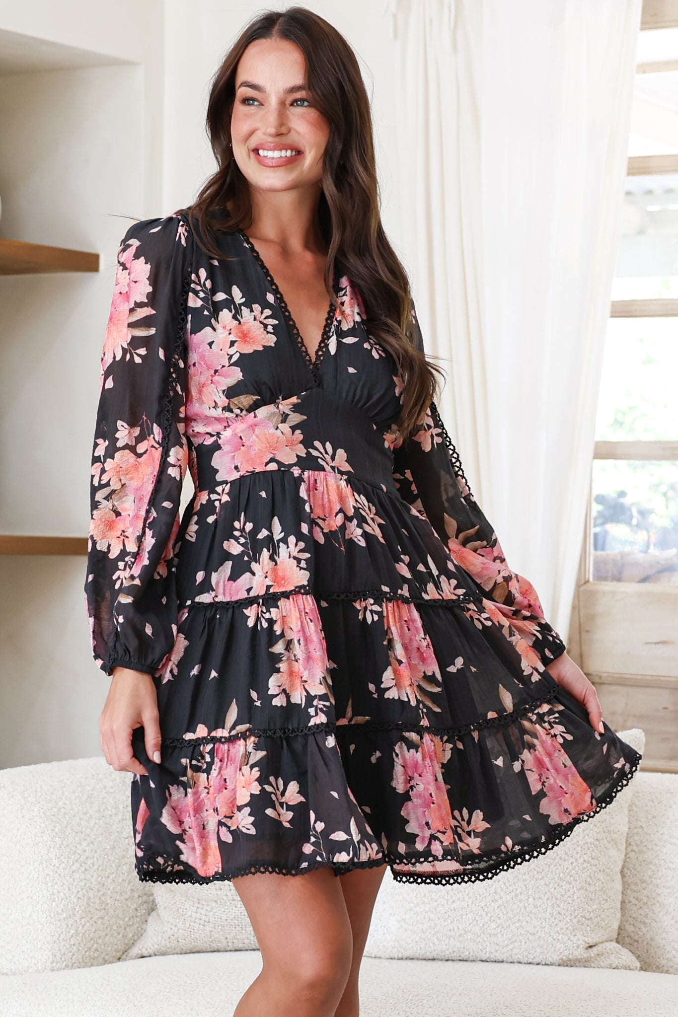 Audrey Mini Dress - Delicately Detailed Tiered A-Line Dress in Odessa Print