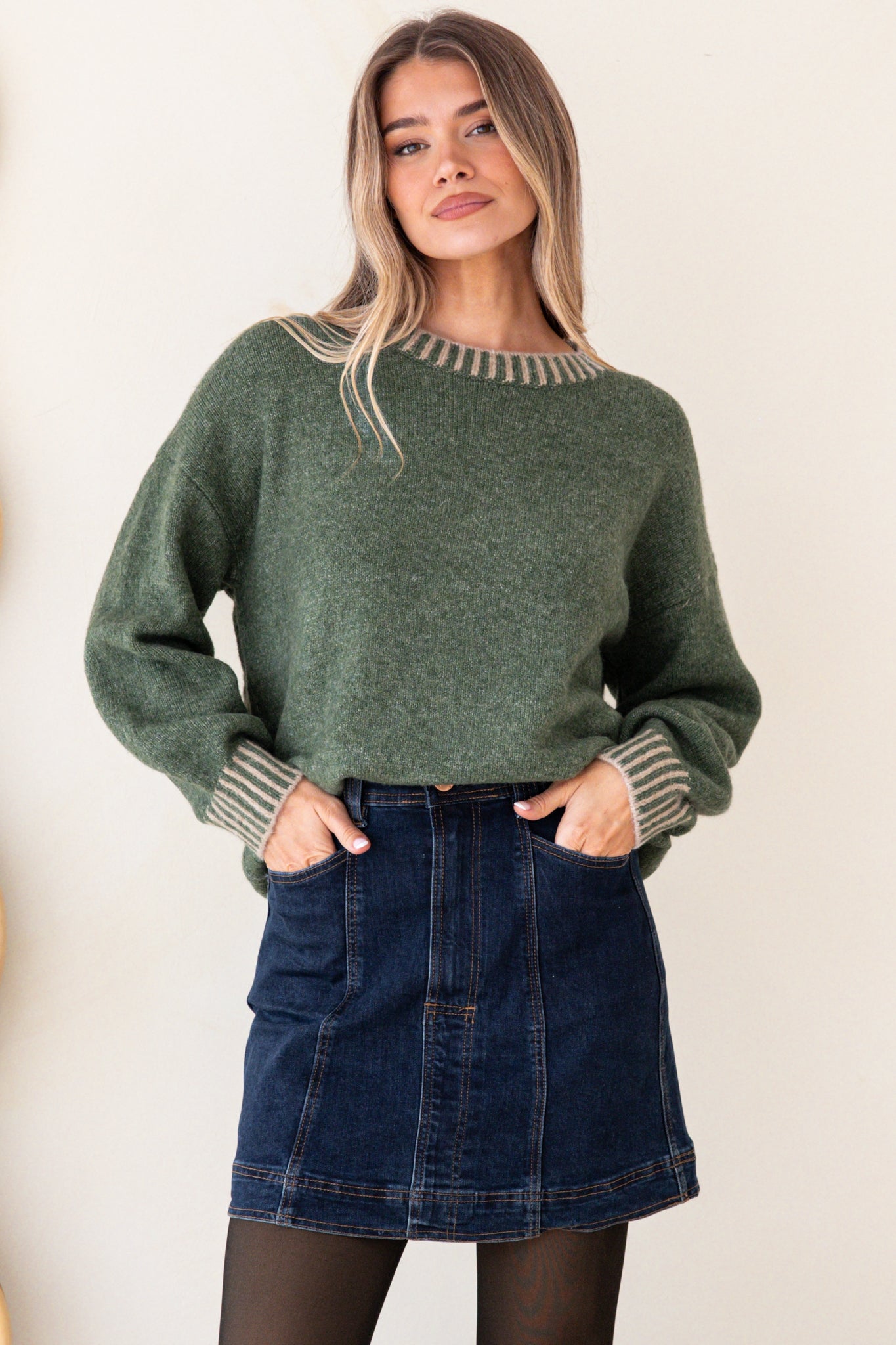 Aura Jumper - Crew Neck Jumper with Contrast Stripe Trim in Dark Green