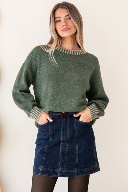 Aura Jumper - Crew Neck Jumper with Contrast Stripe Trim in Dark Green