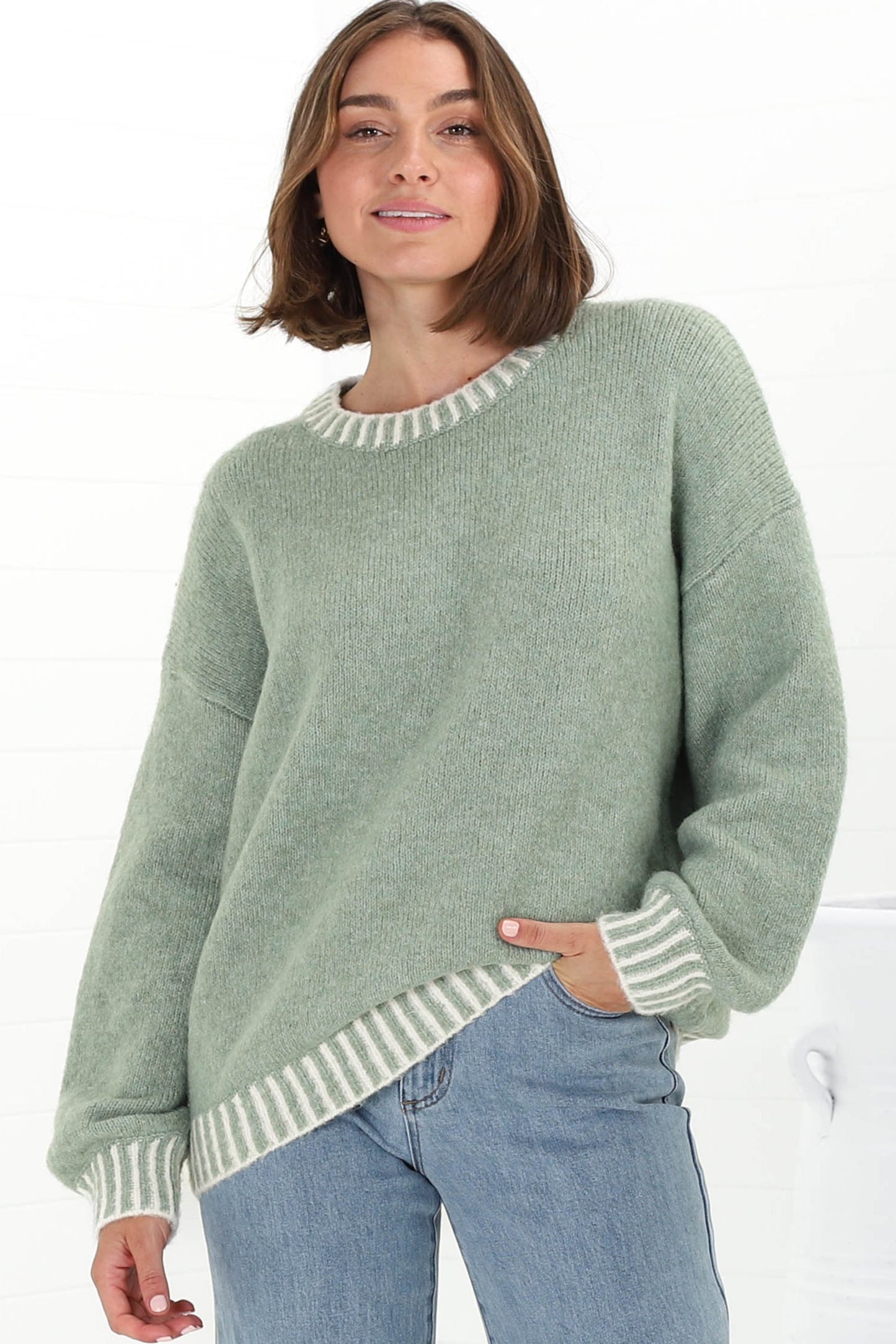 Aura Jumper - Crew Neck Jumper with Contrast Stripe Trim in Green