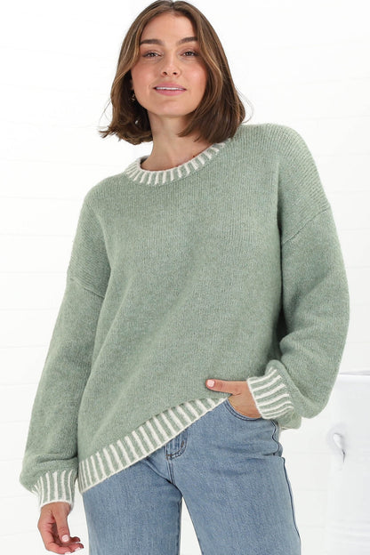 Aura Jumper - Crew Neck Jumper with Contrast Stripe Trim in Green