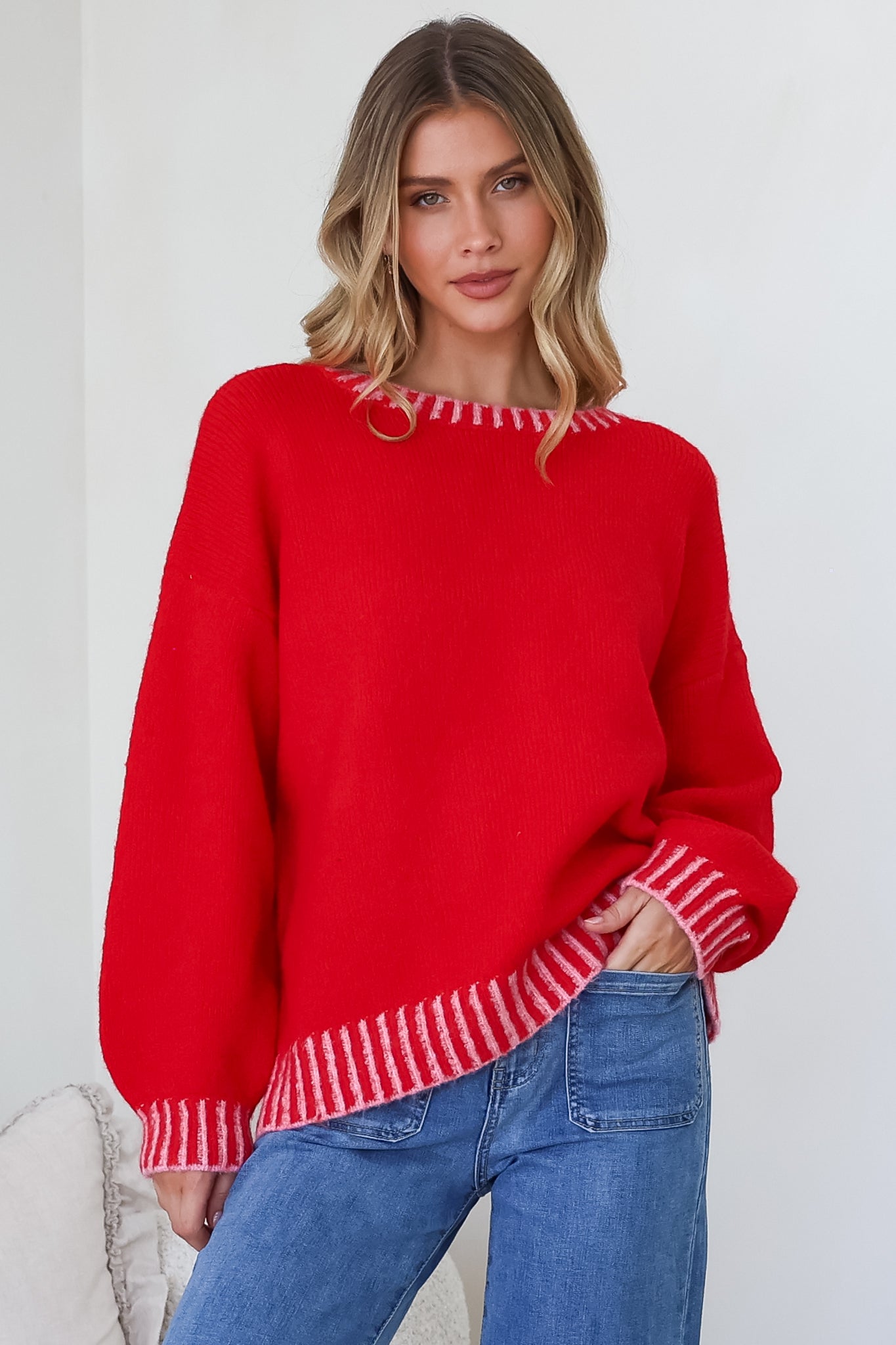 Aura Jumper - Crew Neck Jumper with Contrast Stripe Trim in Red