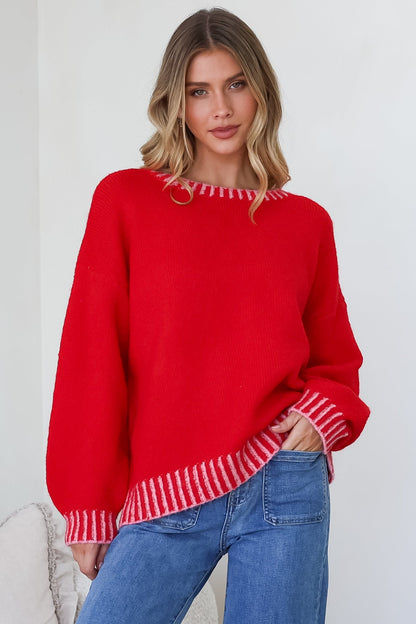 Aura Jumper - Crew Neck Jumper with Contrast Stripe Trim in Red