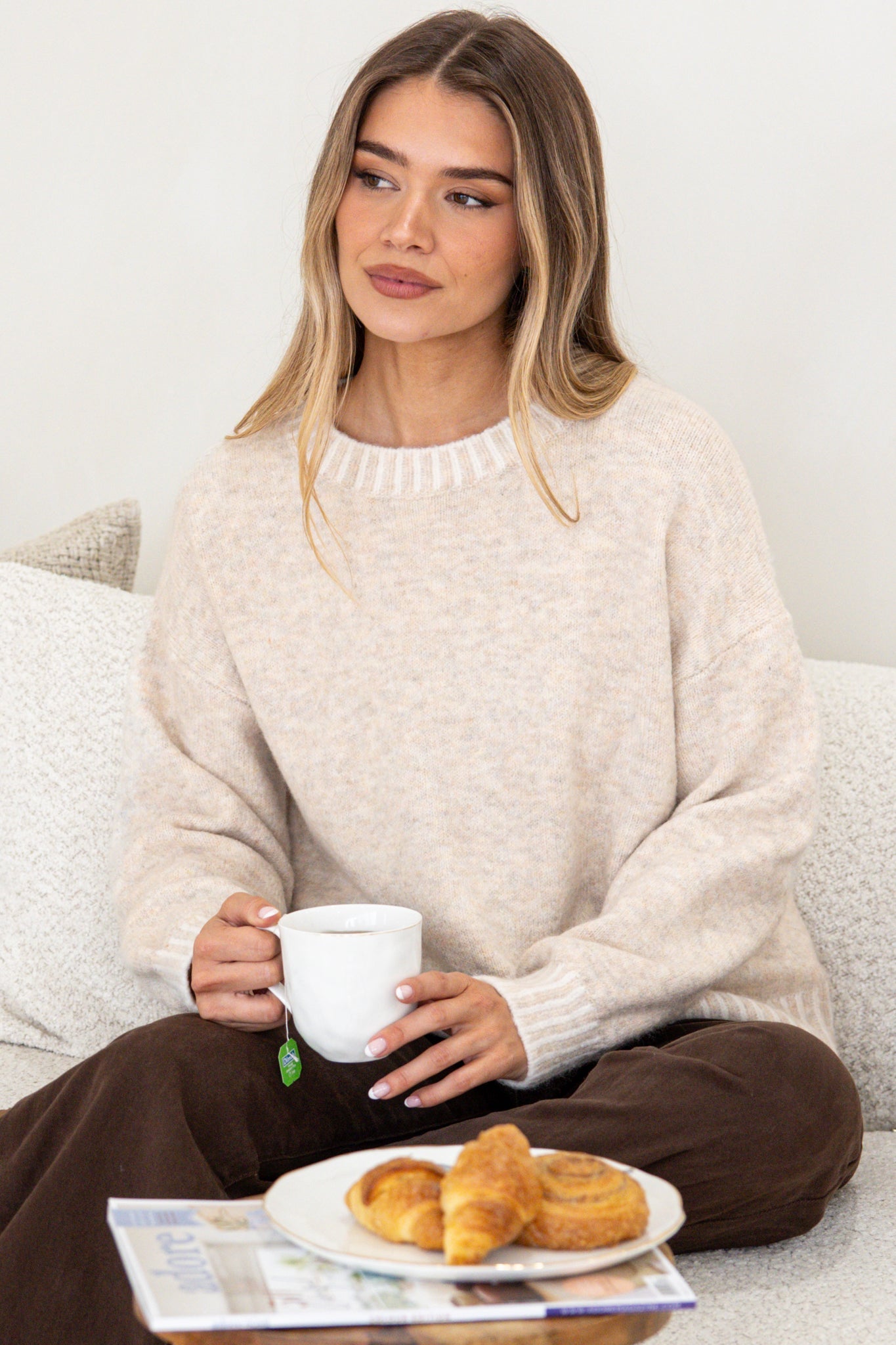 Aura Jumper - Crew Neck Jumper with Contrast Stripe Trim in Cream