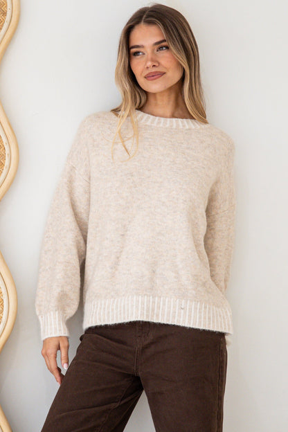 Aura Jumper - Crew Neck Jumper with Contrast Stripe Trim in Cream