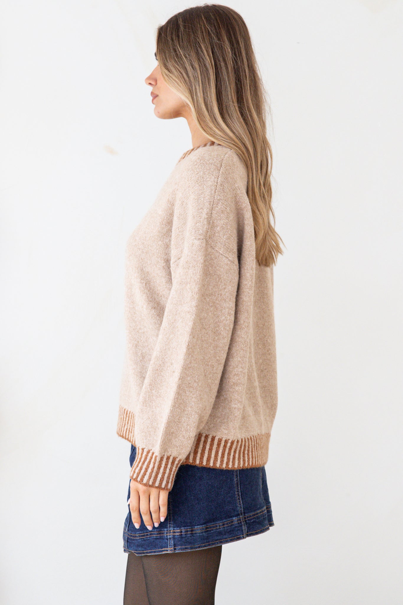 Aura Jumper - Crew Neck Jumper with Contrast Stripe Trim in Mocha