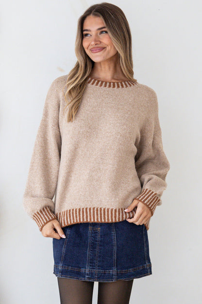 Aura Jumper - Crew Neck Jumper with Contrast Stripe Trim in Mocha