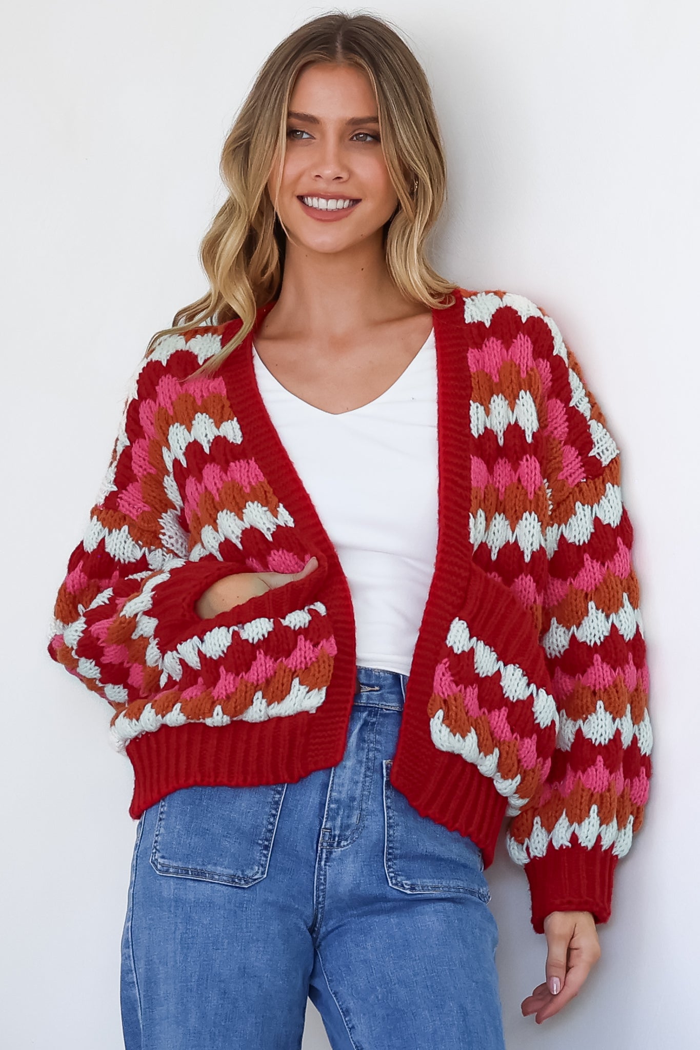 Avery Cardigan - Open Front Bubble Knit with Pockets in Red Multi