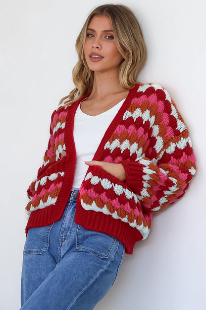 Avery Cardigan - Open Front Bubble Knit with Pockets in Red Multi