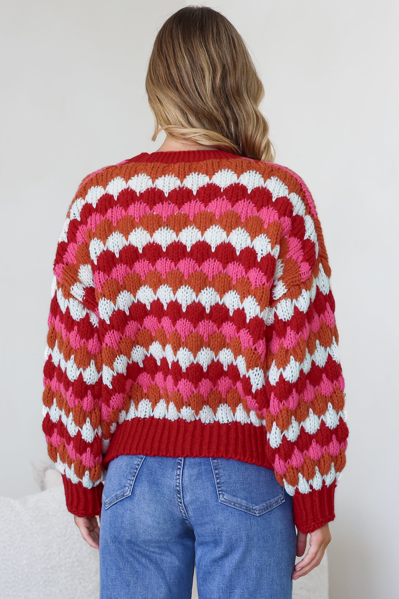 Avery Cardigan - Open Front Bubble Knit with Pockets in Red Multi
