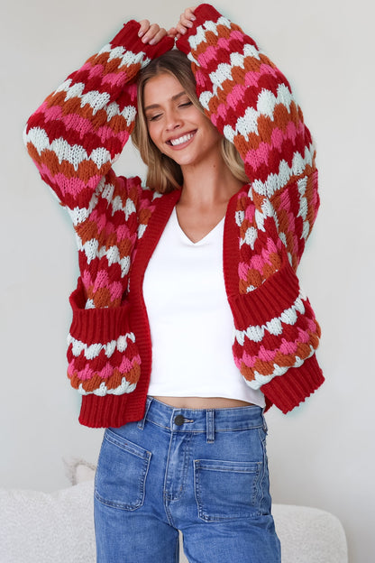 Avery Cardigan - Open Front Bubble Knit with Pockets in Red Multi
