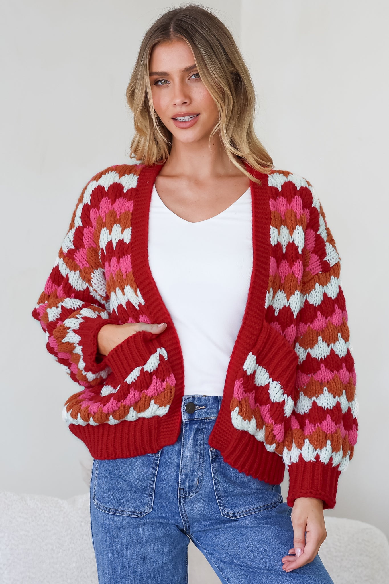 Avery Cardigan - Open Front Bubble Knit with Pockets in Red Multi