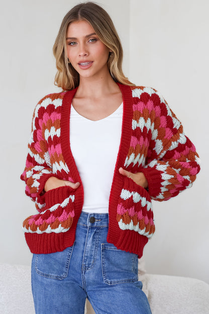 Avery Cardigan - Open Front Bubble Knit with Pockets in Red Multi