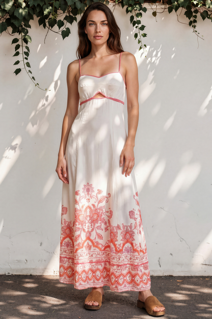 Aviva Maxi Dress - Spaghetti Strap A-Line Cut Out Detail Dress in Tawny Print