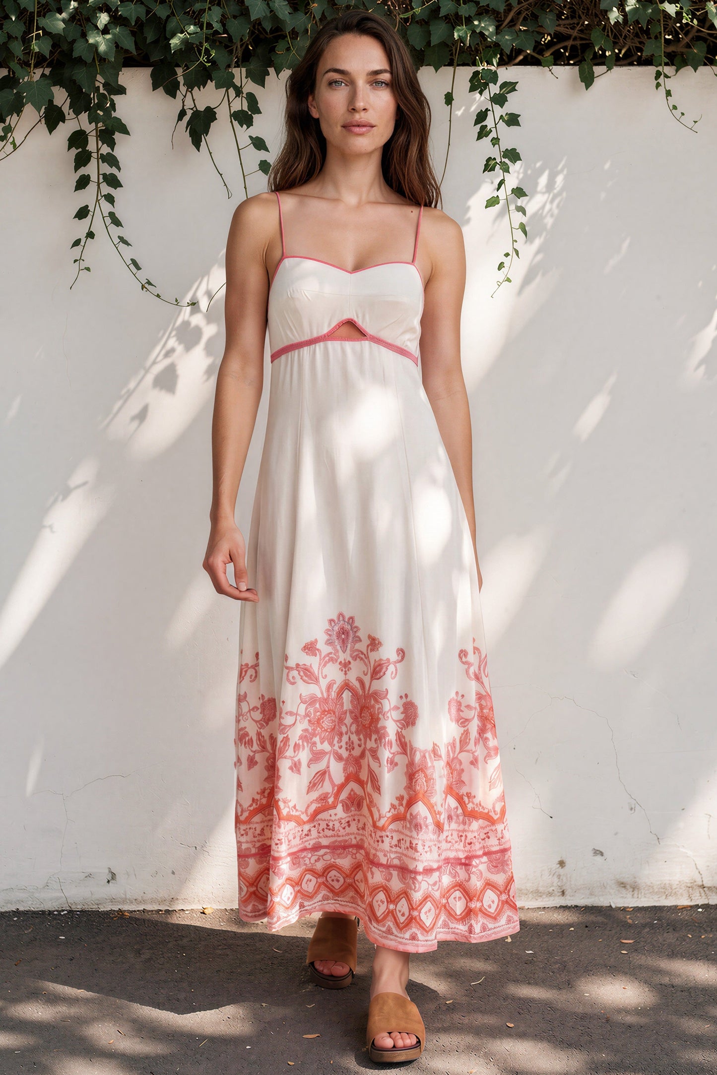 Aviva Maxi Dress - Spaghetti Strap A-Line Cut Out Detail Dress in Tawny Print