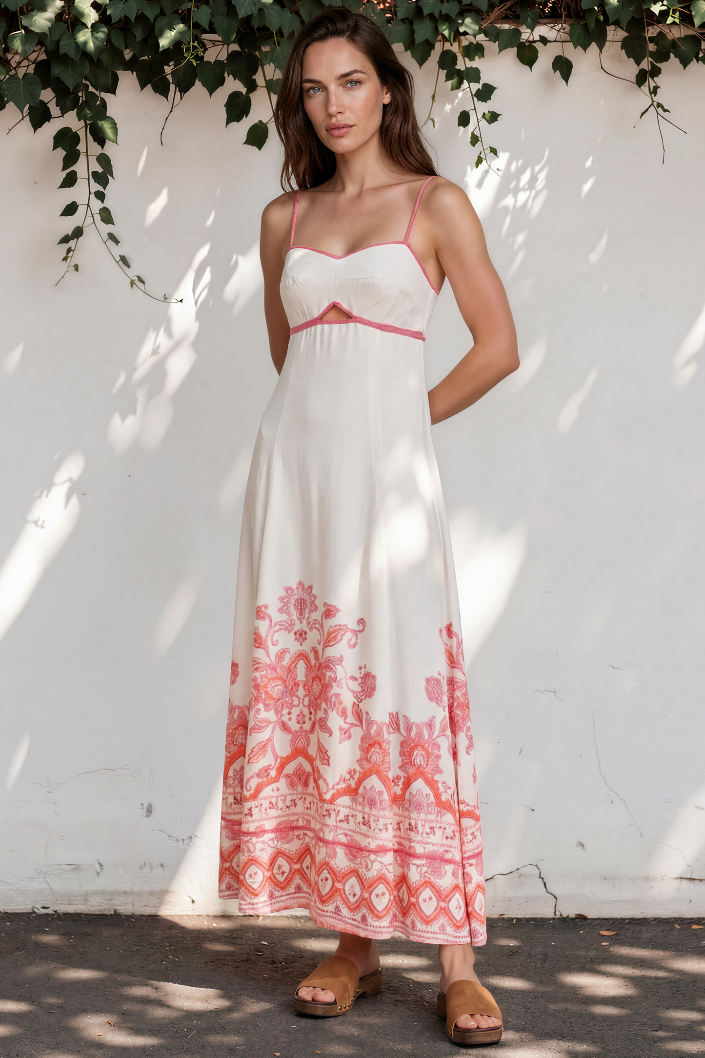 Aviva Maxi Dress - Spaghetti Strap A-Line Cut Out Detail Dress in Tawny Print