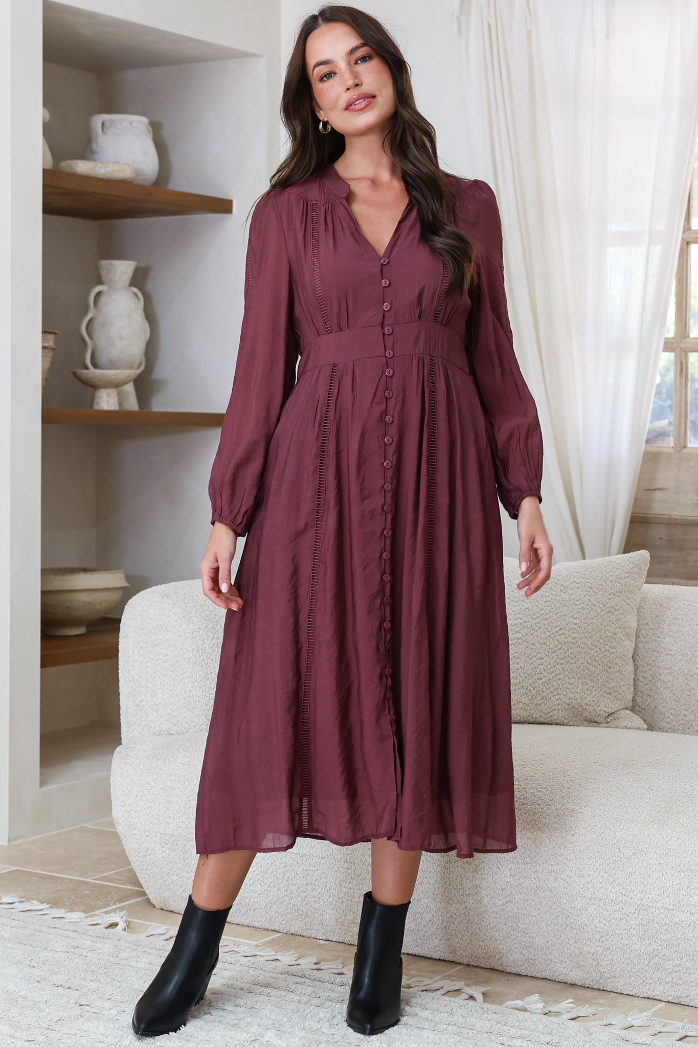 Aylon Midi Dress - Delicately Detailed Mandarin Collar Dress with Long Sleeves in Merlot