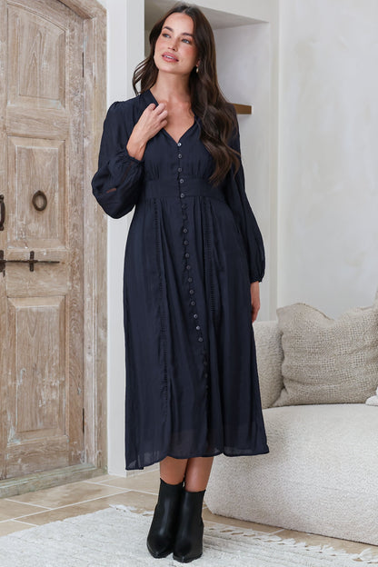 Aylon Midi Dress - Delicately Detailed Mandarin Collar Dress with Long Sleeves in Navy