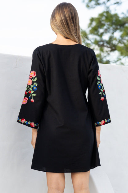 Azalea Mini Dress - Floral Embroidered Motif Shift Dress with Flute Sleeves in Black