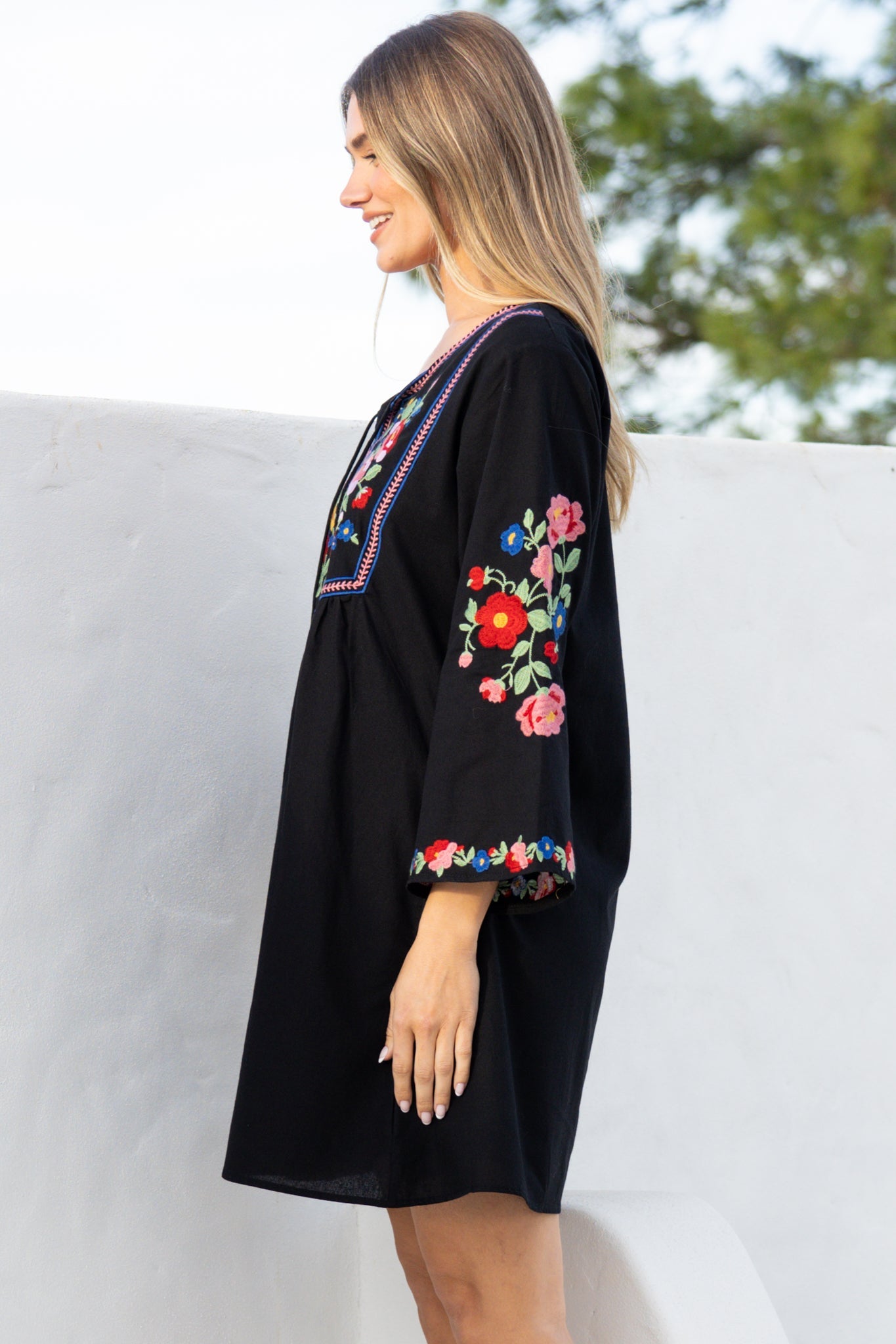 Azalea Mini Dress - Floral Embroidered Motif Shift Dress with Flute Sleeves in Black