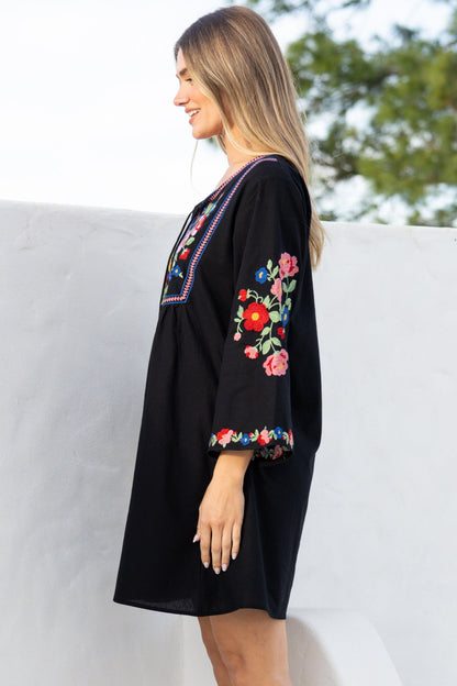 Azalea Mini Dress - Floral Embroidered Motif Shift Dress with Flute Sleeves in Black