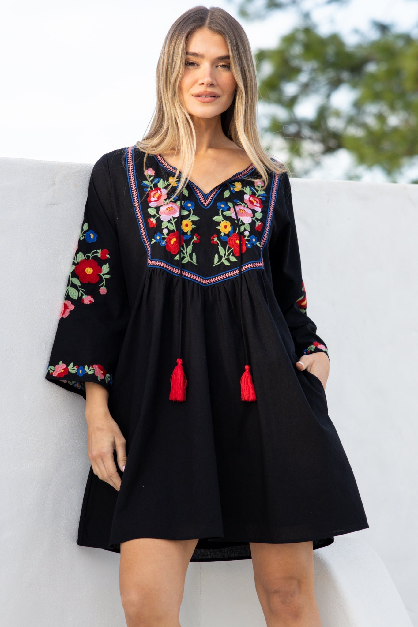 Azalea Mini Dress - Floral Embroidered Motif Shift Dress with Flute Sleeves in Black