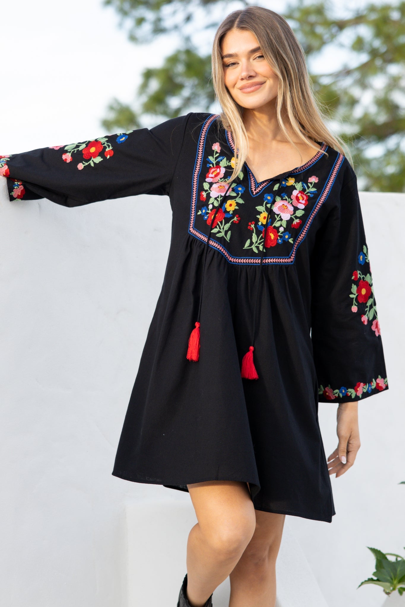 Azalea Mini Dress - Floral Embroidered Motif Shift Dress with Flute Sleeves in Black