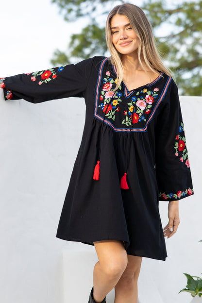 Azalea Mini Dress - Floral Embroidered Motif Shift Dress with Flute Sleeves in Black