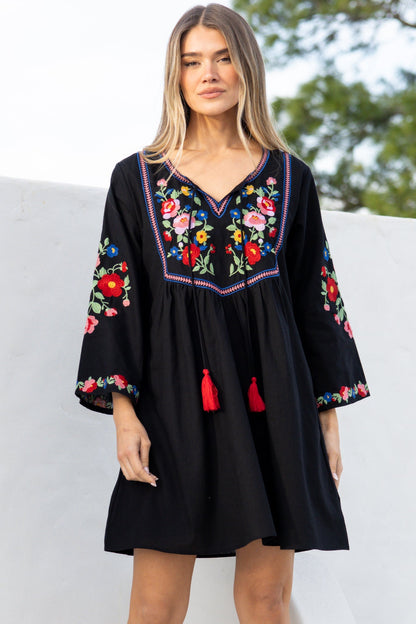 Azalea Mini Dress - Floral Embroidered Motif Shift Dress with Flute Sleeves in Black